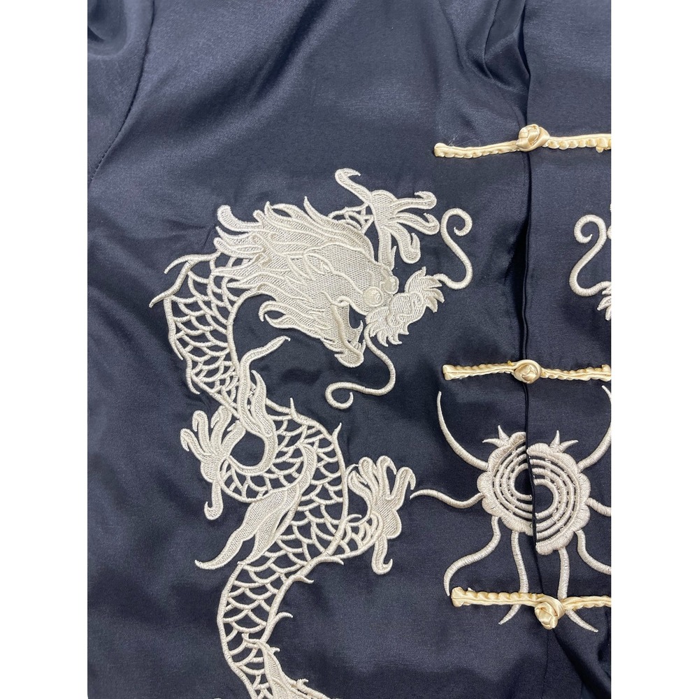 Dragon Embroidered Mandarin Collar Jacket Asian Style Black Gold Trim - Picture 10 of 12